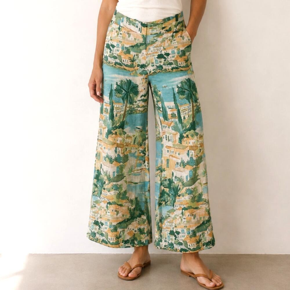 Calypso St. Barth Linen Blend Scenic Print Wide Leg Pants Size M Coastal